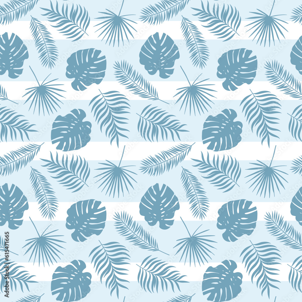 Poster blue tropical leaf pattern with stripes, seamless vector repeat pattern for the summer with scattere