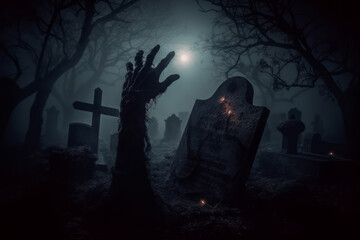 Silhouette of a zombie skeleton hand reaching from a spooky cemetery grave