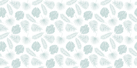 Pastel green tropical leaves vector background, scattered leaves seamless wallpaper, repeat pattern tile