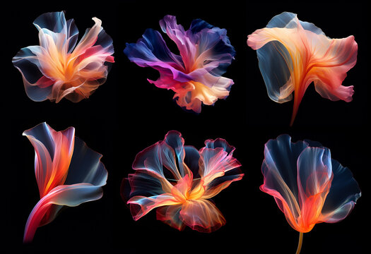 Beautiful transparent colorful flowers. Airy, soft, elegant petals set. Vibrant minimalistic flower isolated. Ai generated