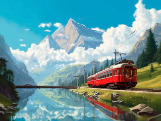 Train on the background of the mountains and the lake. Digital painting.AI Generated