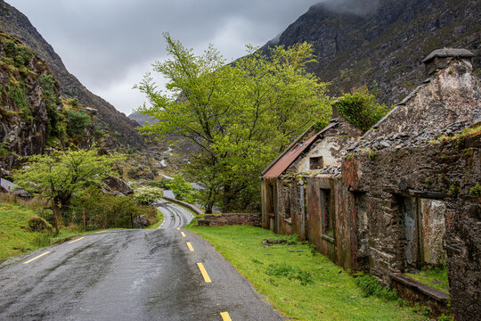 Country road passing along the ruined houses in the Gap of Dunloe; Killarney, Kerry, Ireland