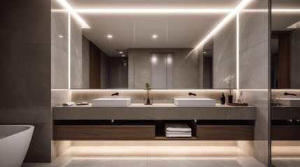 Bathroom in a modern and minimalist high-end style. Generative AI