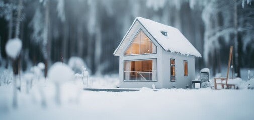 Fototapeta na wymiar tilt-shift effect photography of a tiny house in winter with snow in the background and winter environment. soft white and cold light. ai generative