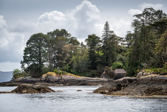 Seaside cottage amidst the woodland along the rocky shore of Garnish Island in Bantry Bay; West Cork, Ireland