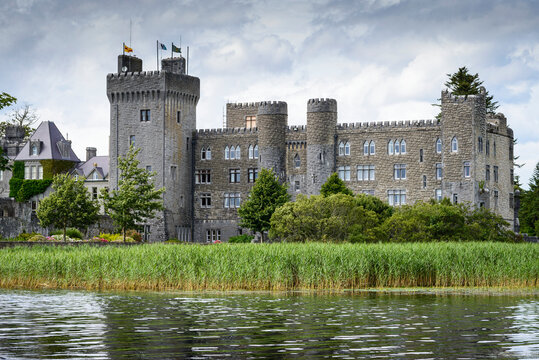 View of the 13th Century, Ashford Castle, now a luxury hotel overlooking Lough Corrib in the Village of Cong in County Mayo; Cong, Mayo, Ireland
