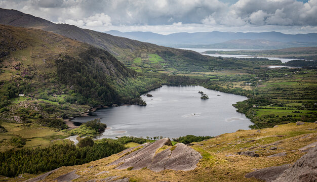 Scenic view from Healy Pass of the countryside surrounding Glanmore Lake on the Beara Peninsula; County Kerry, Ireland
