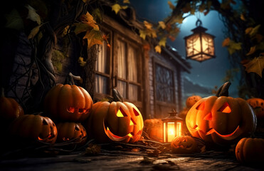 Obraz premium Evil Halloween pumpkin smiling wearing a hat.