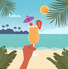 Beach scene. Hand holding tropical cocktails. Vector flat illustration