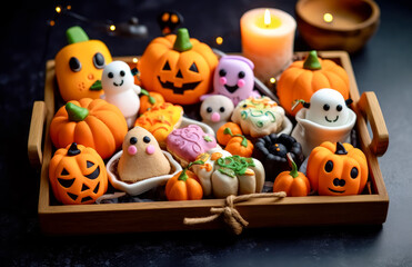 Fototapeta premium Halloween Treats decorations with doughnuts and candy. Halloween trick or treat. 
