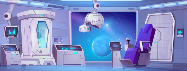 Spaceship laboratory interior room with cryogen capsule cartoon ui background illustration. Space view in lab window. Cryotherapy and biotechnology experiment with hibernation computer equipment © klyaksun
