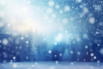Fototapeta premium A blurred winter, snowing sky abstract background with bokeh glow, Illustration. AI generative