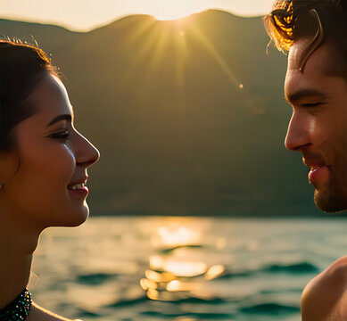 Un hombre y una mujer flotando en el mar mir&aacute;ndose a punto de besarse con una puesta de sol de fondo
