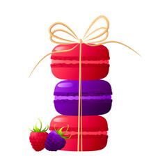 Horizontal stack red and purple macarons tied with a bow.Color macaroon with raspberry and blackberry.Gradient macarons. Vector illustration