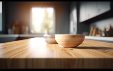 Fototapeta na wymiar Wooden table top on blur kitchen room background