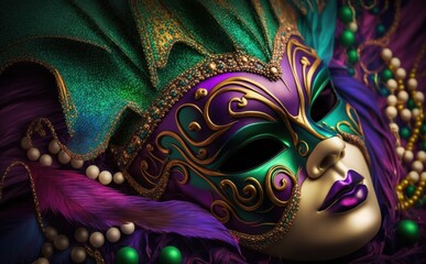 Venetian carnival mask and beads decoration. Mardi gras background
