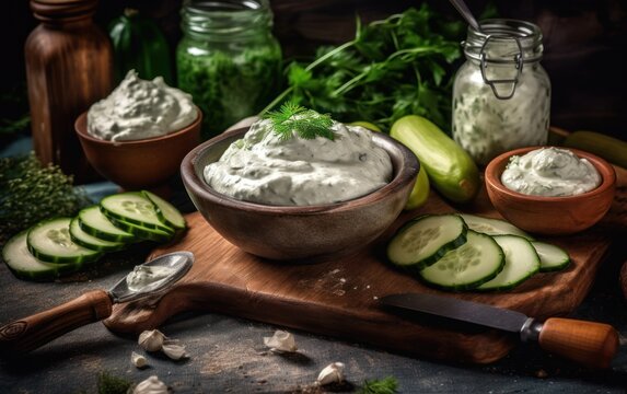 Tzatziki sauce ingredients cucumber garlic Healthy food backgrou