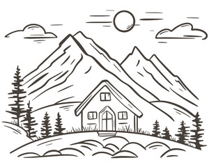 Hand drawn cabin in mountains. Ink sketch of single village house on background of mountains. Landscape countryside, hand engraved