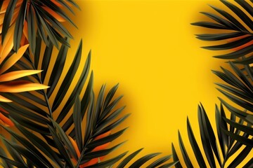 Fototapeta na wymiar Shadow palm leaves yellow background Floral border trendy color
