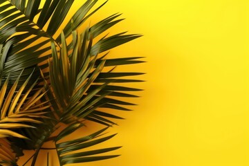 Fototapeta na wymiar Shadow palm leaves yellow background Floral border trendy color