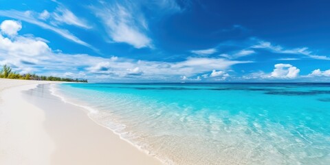 Fototapeta premium sandy beach with white sand and rolling calm wave of turquoise ocean on Sunny day on background