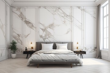 Elegant Tranquility: Interior of Bedroom with White Marble Wall, Interior, Bedroom, White Marble Wall, Elegant, Tranquility, Luxury, Home, Design, Decoration,