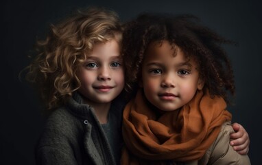 Portrait of two children, studio shoot. Concept of diversity in friendship.