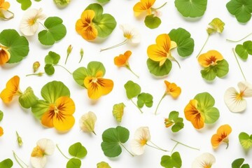 Nasturtium flowers and leaves pattern on white background, floral flat lay