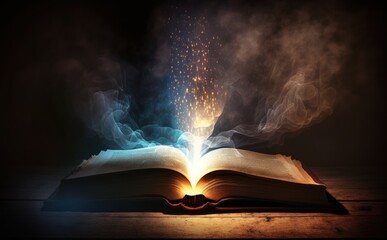 Open book Bible on wooden desk with mystic bright light fantasy light like holy spirit