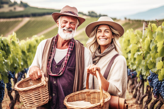 Happy smiling couple holding a empty wicker baskets for harvesting grapes in the vineyards in tuscany