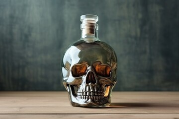A bottle in the shape of a human skull on the table. Concept on the topic of alcohol harm with copy space. Generative AI.