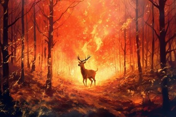 Forest fire. Deer among the burning trees. Generative AI.