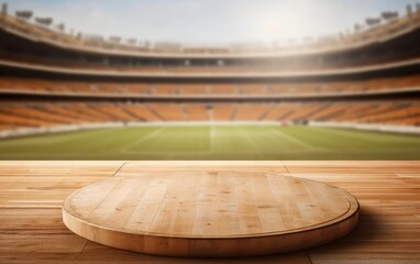 Empty wooden table top product display showcase stage with large sports stadium background