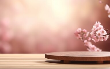 Obraz na płótnie Canvas Empty wooden table top product display showcase stage with spring cherry blossom background