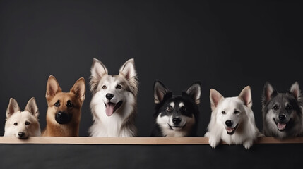 Grupo decachorros  fofos em torno de um cartaz em branco