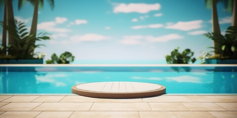 Empty poolside surface with summer travel hotel swimming pool background