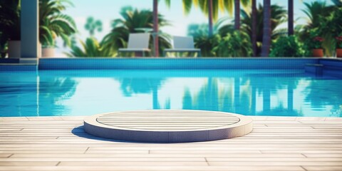 Fototapeta na wymiar Empty poolside surface with summer travel hotel swimming pool background