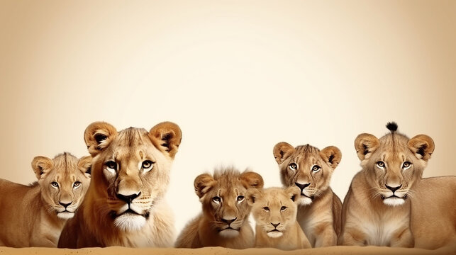 Grupo de leões  fofos em torno de um cartaz em branco