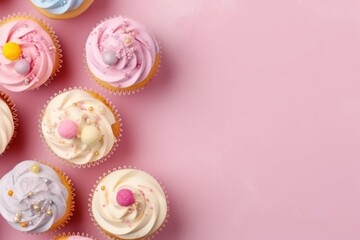 Different cupcakes on pastel colors background. top view. decoration