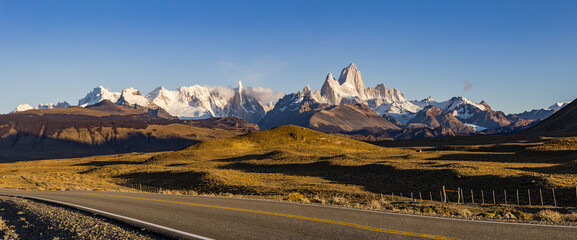 Panorama of Andes mountain range around Fitz Roy and Cerro Torre in Los Glaciares Park, Patagonia