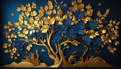 Elegant gold and royal blue floral tree with seamless leaves and flowers hanging branches