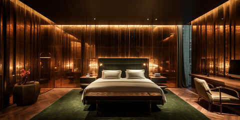 Sch&ouml;nes modernes Schlafzimmer in gold mit schwarzen Stil, ai generativ