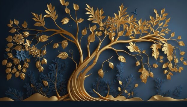 Fototapeta Elegant gold and royal blue floral tree with seamless leaves and flowers hanging branches