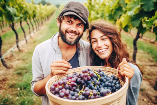 Happy smiling couple holding a wicker basket full of grapes in the vineyards in tuscany