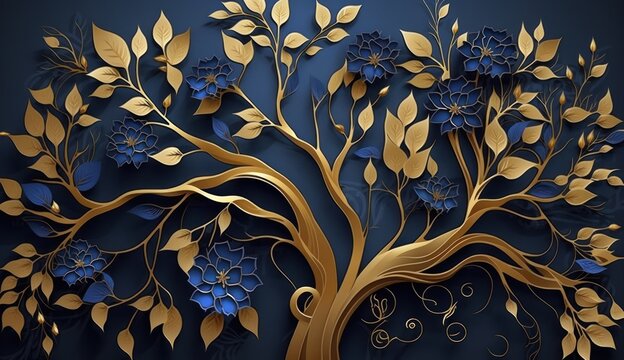 Fototapeta Elegant gold and royal blue floral tree with seamless leaves and flowers hanging branches