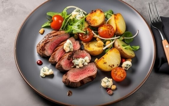 Delicious appetizer, tapas, lunch plate - beef steak, vegetables salad
