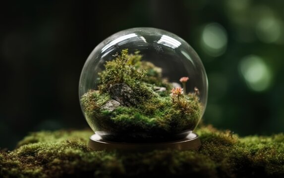 Crystal globe putting on moss with environment icon, Save world