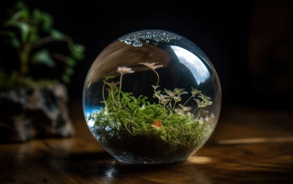 Crystal globe putting on moss with environment icon, Save world