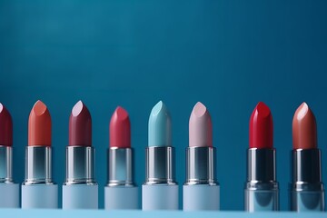 Obraz premium lipsticks, row, blue background, lipsticks, row, blue background, cosmetics, beauty, makeup, fashion, lipstick shades, lipstick colors,