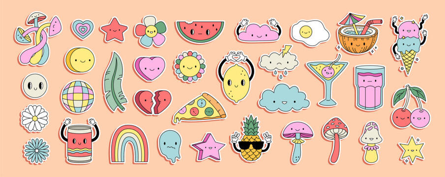 Cute Smile Stickers. Comic happy mushroom, cocktails, ice cream characters in trendy retro Y2K style